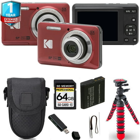 Kodak PIXPRO FZ55 Digital Camera (Red) + Spider Tripod + 1 Yr Warranty - 64GB