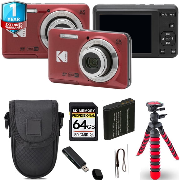 Kodak PIXPRO FZ55 Digital Camera (Red) Tripod 1 Yr Warranty - 64GB Kit