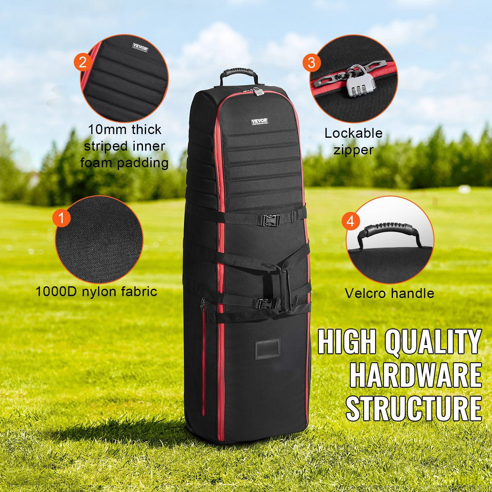Golf Club Travel Bag - 1000D Nylon Wheeled Case w/Lockable Zippers - Fits Full-Size Clubs & Accessories (Airline Approved)