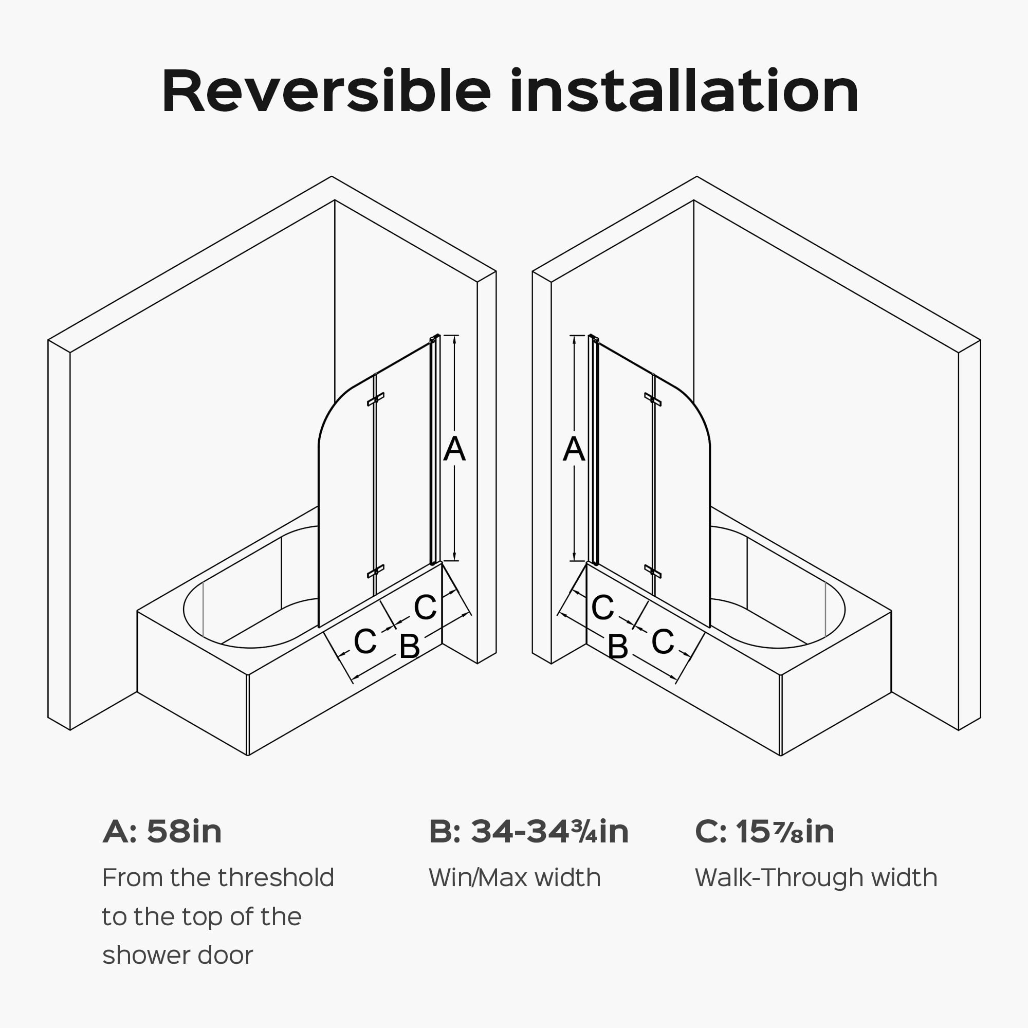 MAYEERTY 34*58" Frameless Folding Pivot Bathtub Door, Tempered Glass, Matte Black, Reversible Installation
