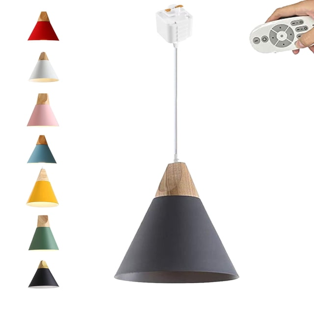 FSLiving Remote Control Pendant Light 1-Light J-Type Track Pendant Lamps Scandinavian Style Pendant Lights for Kitchen Hanging Lamp Modern Wood and Aluminium Light Customizable - Grey