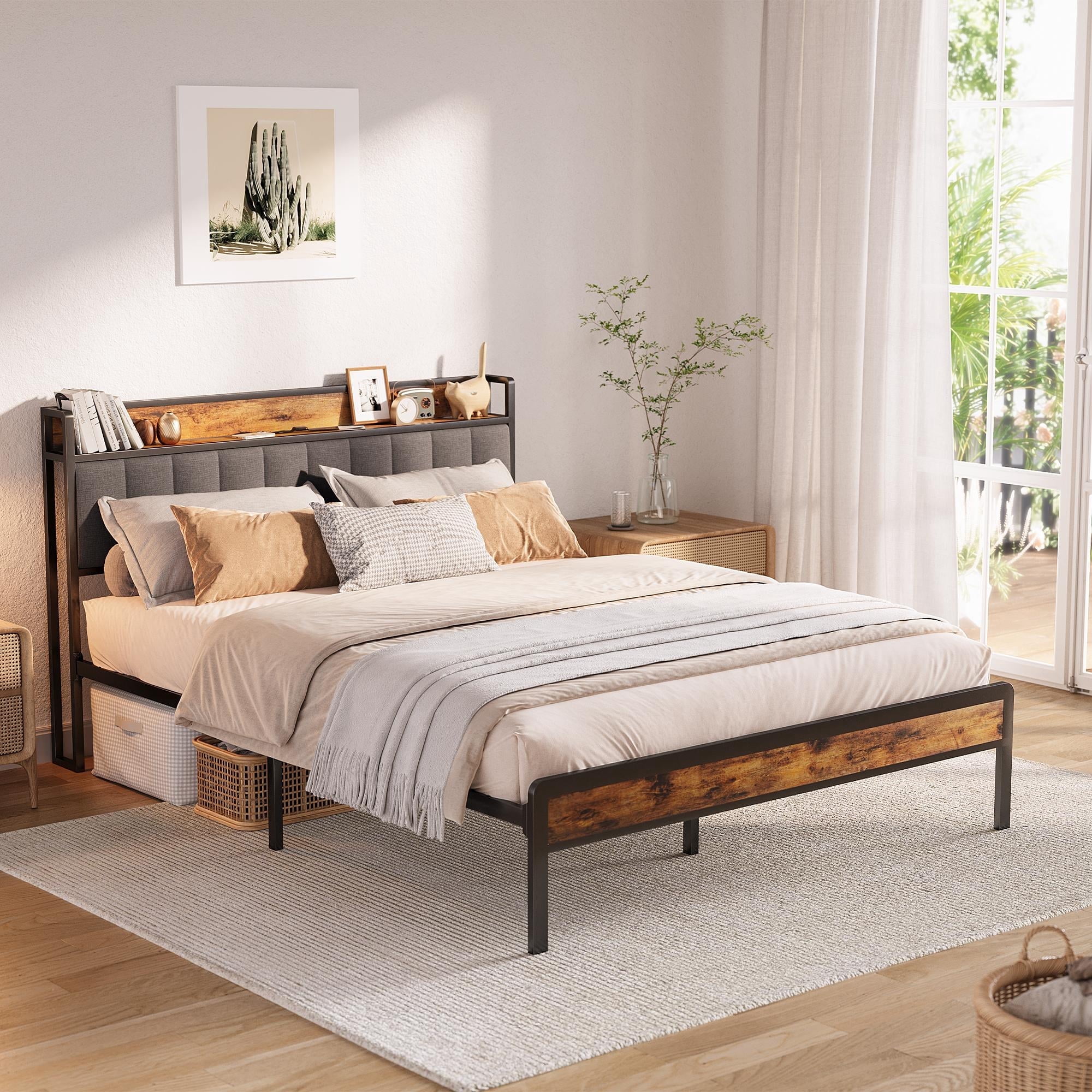 Asofer Queen Bed Frame with Upholstered Headboard, Metal Platform, Dark Gray