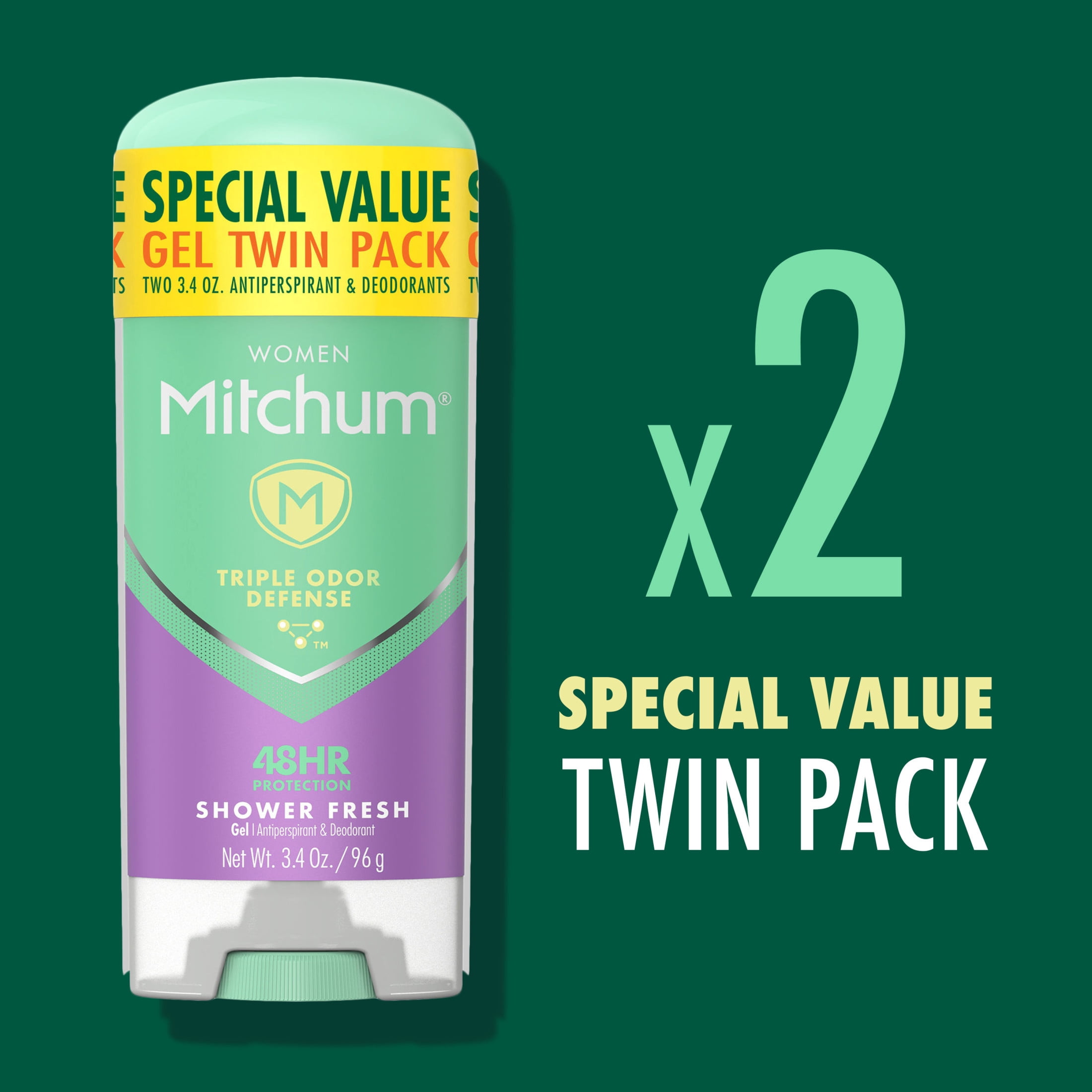 Mitchum Women Triple Odor Defense Antiperspirant Deodorant Gel Twin Pack, Shower Fresh, 3.4 oz
