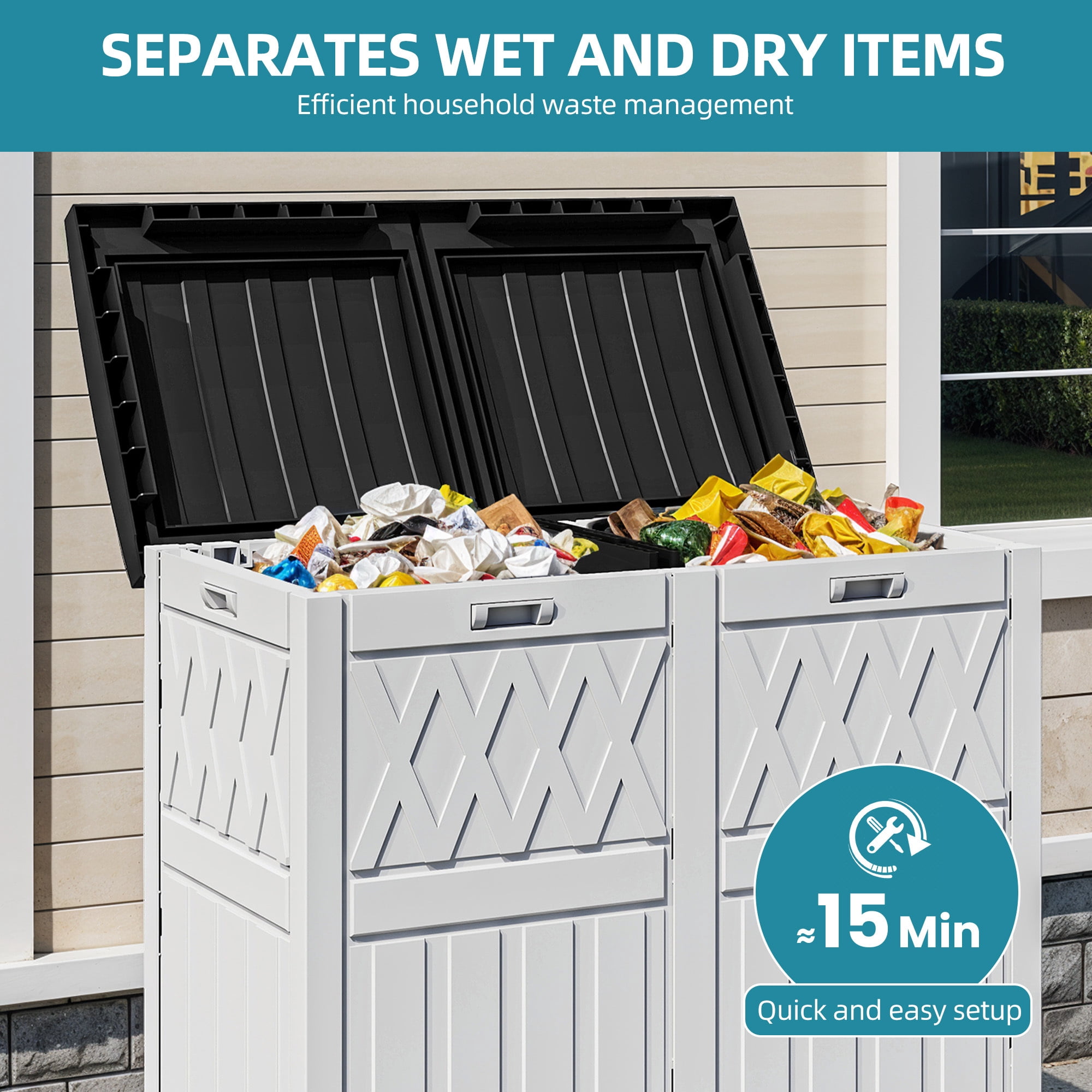 Uforic Double Compartment Outdoor Trash Can, 62 Gallon Waterproof Resin Garbage Bin with Tiered Lid and Drip Tray for Patio Deck Backyard, Black & White