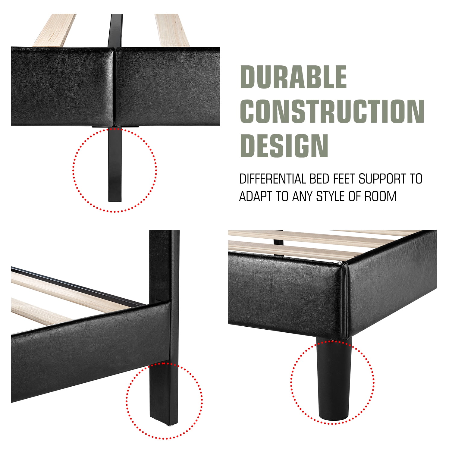 Sha Cerlin King Size Platform bed frame with Adjustable Leather Tufted Headboard, Black