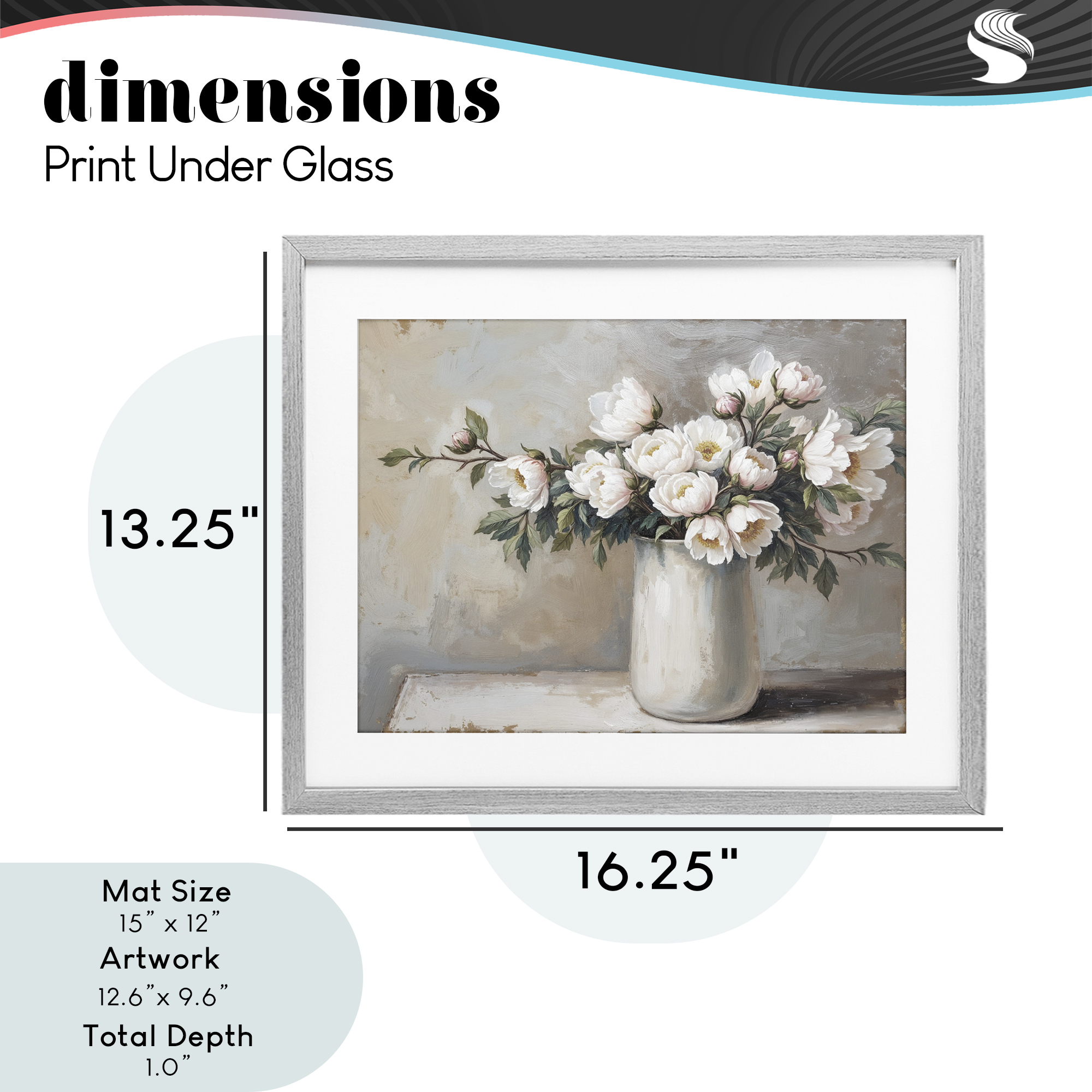 White Flowers in Vase Still Life Gray Framed Print Under Glass, design by Lettered and Lined