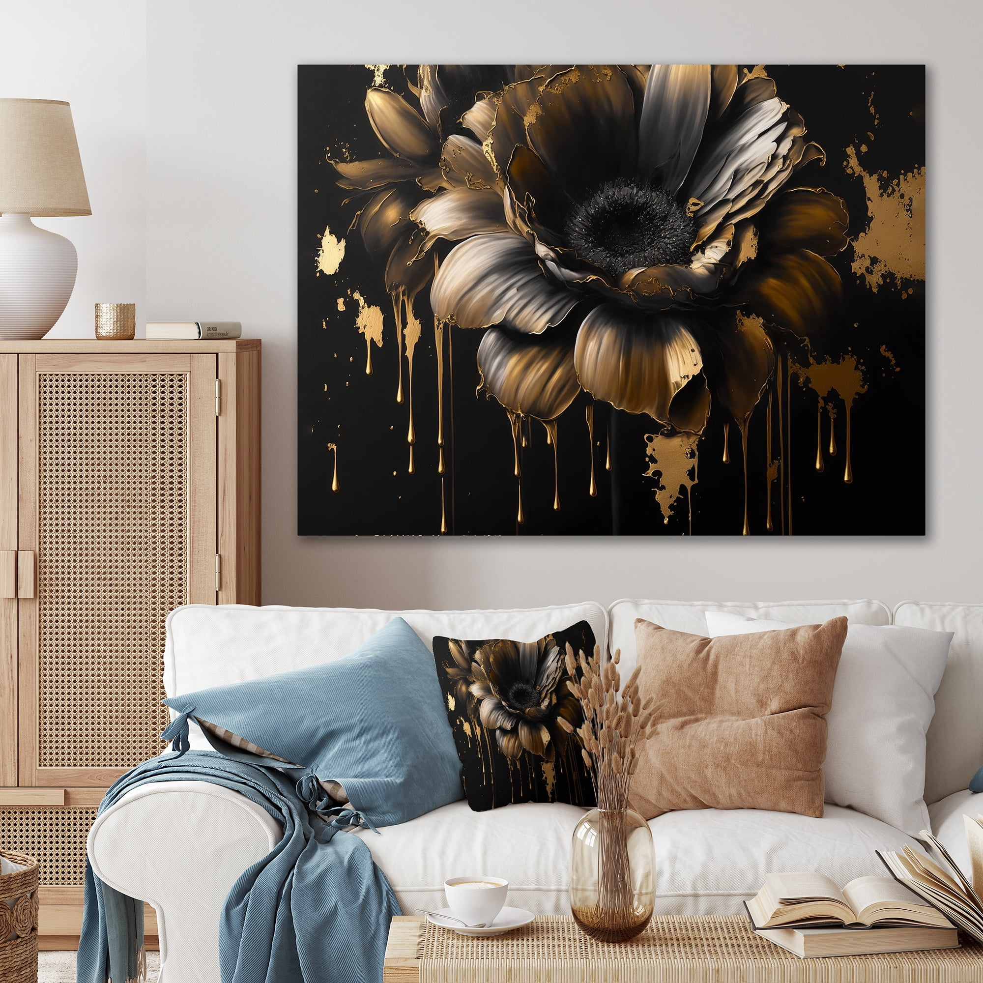 Designart Black And Gold Daisy I Canvas Wall Art