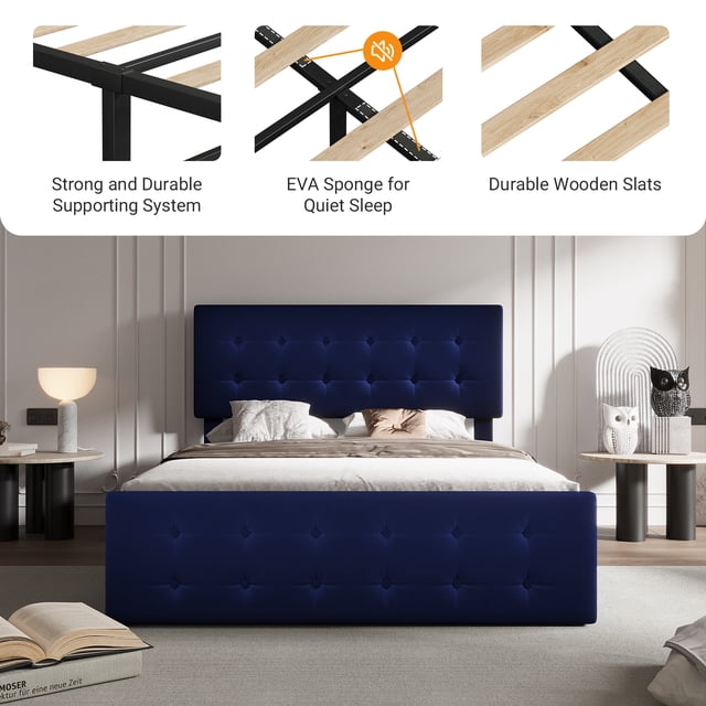 Full Size Platform Bed Frame with 4 Storage Drawers & Headboard,Faux Leather or Linen, Button Tufted Platform, Strong Wooden Slats,No Box Spring Needed