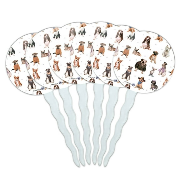 Cool Dogs in Outfits Paw Print Pattern Cupcake Picks Toppers Decoration Set of 6