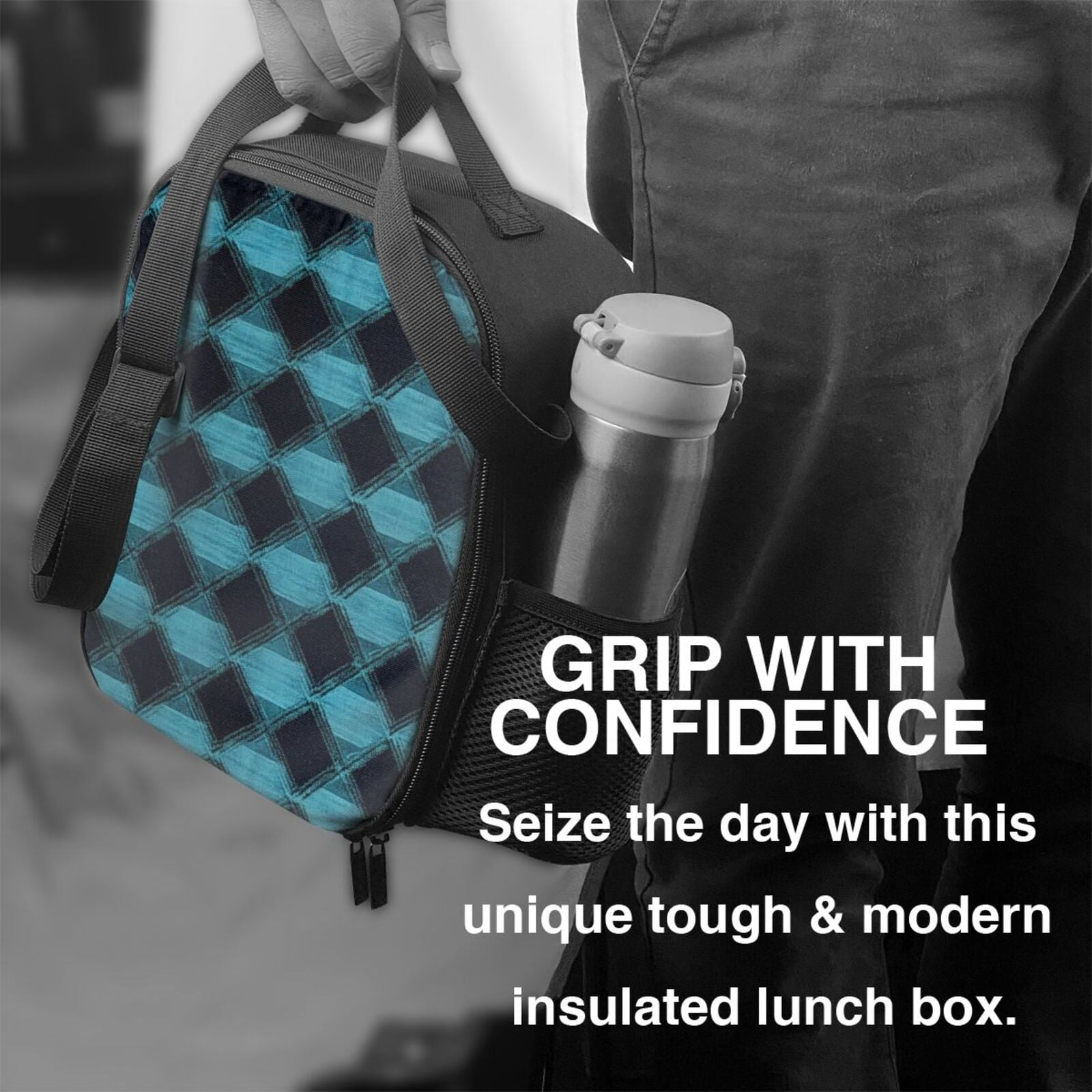 Thermal Insulation One Shoulder Portable Bento Bag Can Be Reused 8×10.5in For Carrying Drinks Bento Box Fruit Snacks Argyle Plaid Darkturquoise_3