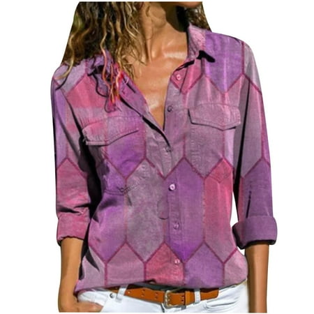 

jsaierl Lapel Button Up Shirt Women Long-sleeve Shirt Lapel Collar Button Down Blouses Loose Fit Tops Long Sleeve Lapel Shirt
