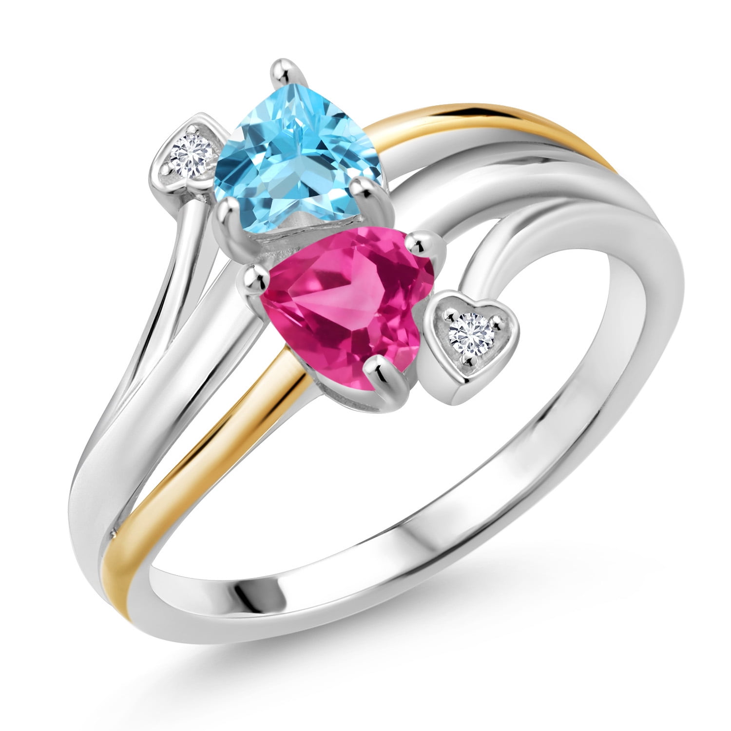 Gem Stone King 925 Silver and 10K Yellow Gold Swiss Blue Topaz Pink Created Sapphire and Lab Grown Diamond 2 Heart Promise Couple Engagement Mother Ring (1.17 Cttw, Gemstone Birthstone, Size 7)