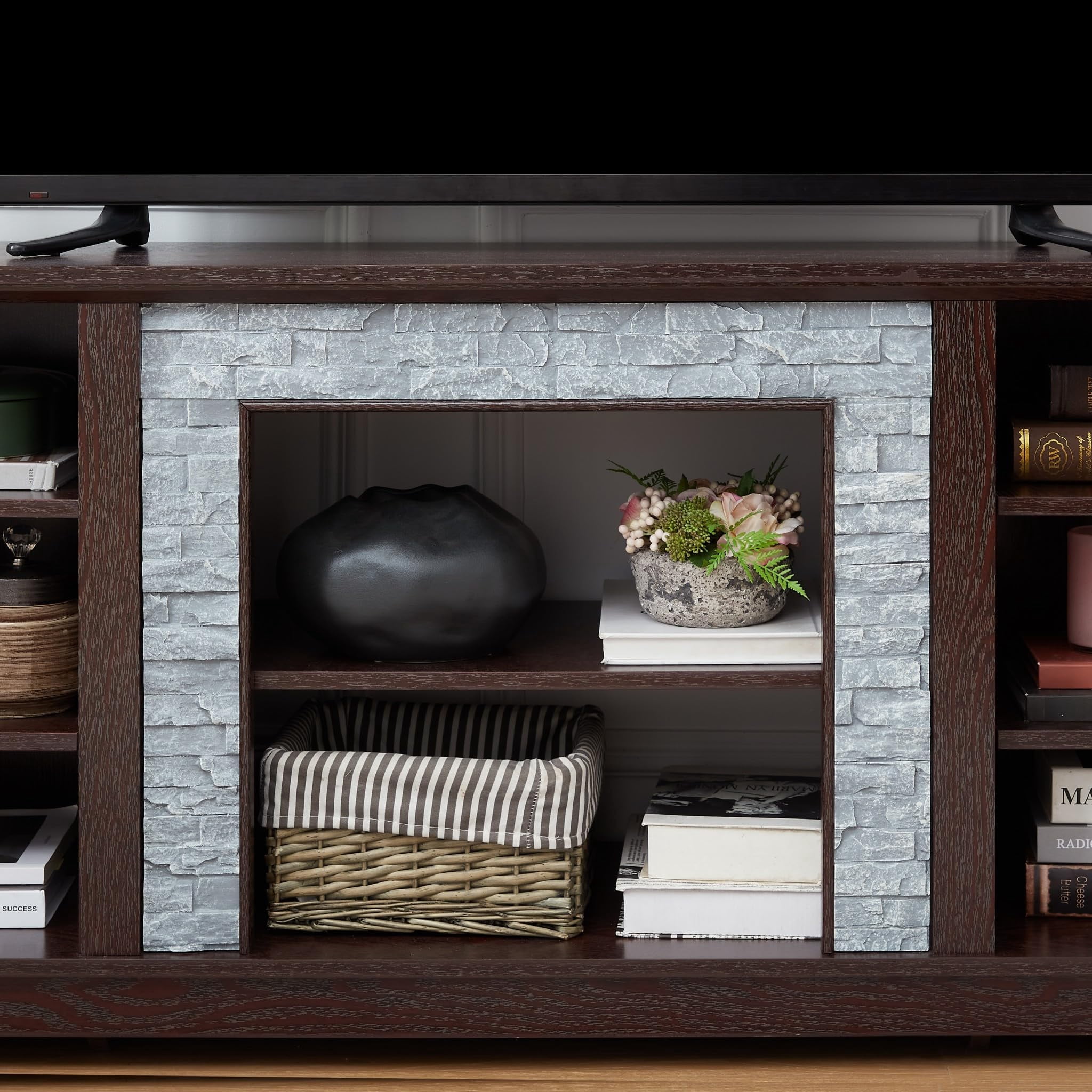 Eyisean 58" W Modern TV Stand with Large Storage Space, Entertainment Center with Faux Stacked Stone, Wood Media Console Table for TVs Up to 65", Rack for Living Room