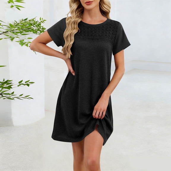Gamivast Dresses for Women Short Sleeve Dress Crew Neck Crochet Lace Yoke Casual Loose Fit Mini Sundress Soft Summer Travel Beach Vacation Dress Black XL