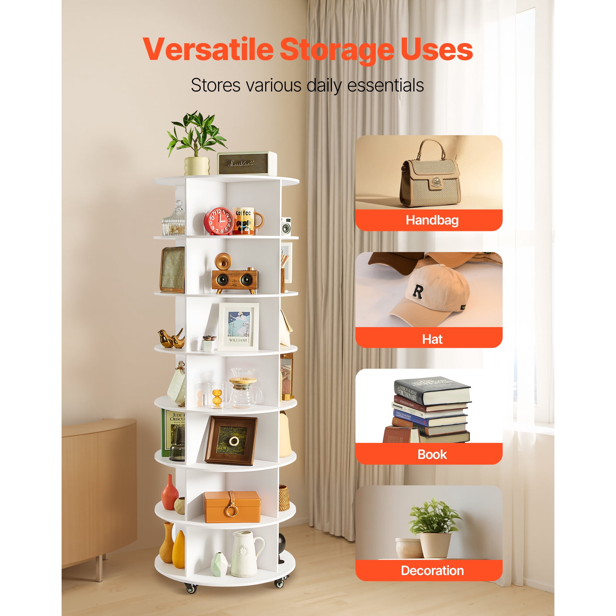KFFKFF 7-Tier Rotating Shoe Rack Tower with Wheels, 360° Spinning Carousel Organizer, Movable Closet Shelf for Entryway or Living Room, White