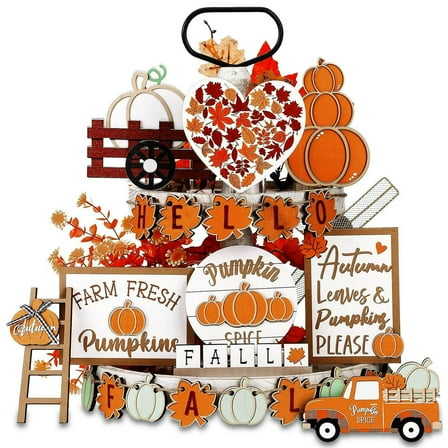 Fall Tiered Tray Decor, Thanksgiving Tabletop Decorations, Wooden Sign Centerpieces for Harvest Indoor Kitchen Autumn Party Supplies