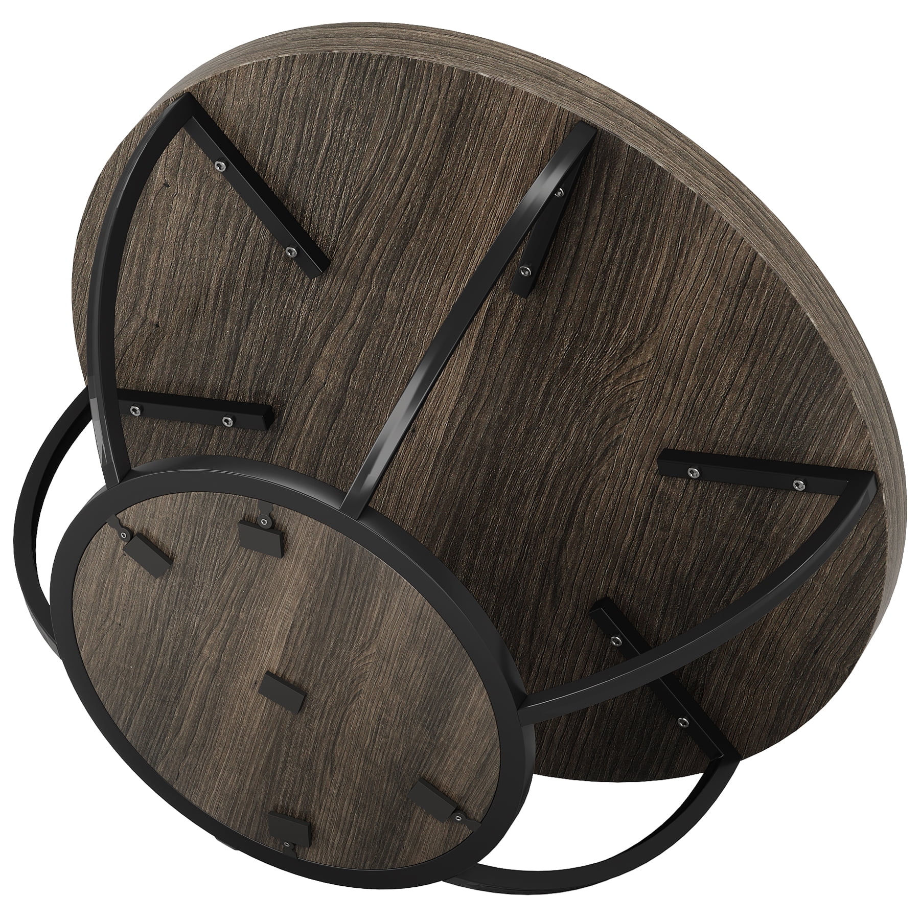 Fnova Coffee Table with 2 - Tier Storage, 32" Round Wood Coffee Table with Metal Legs, Modern Rustic Style Center Table for Living Room, Dark Gray and Black