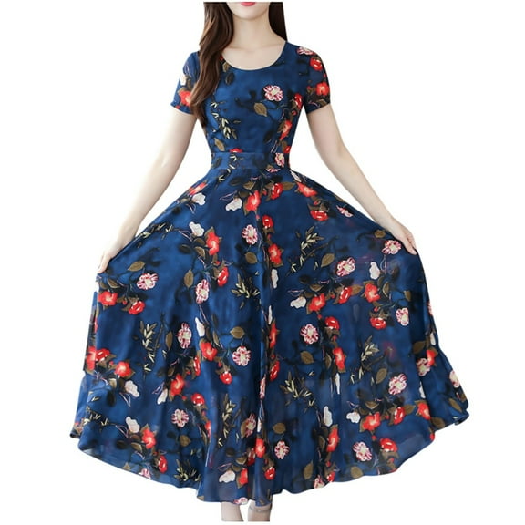 JDEFEG Petite Dresses Women Printing Beach Mid-Calf Fashion Summer Short Dress Sleeve Women's Dress Short Summer Dresses for Women Casual Polyester Blue M