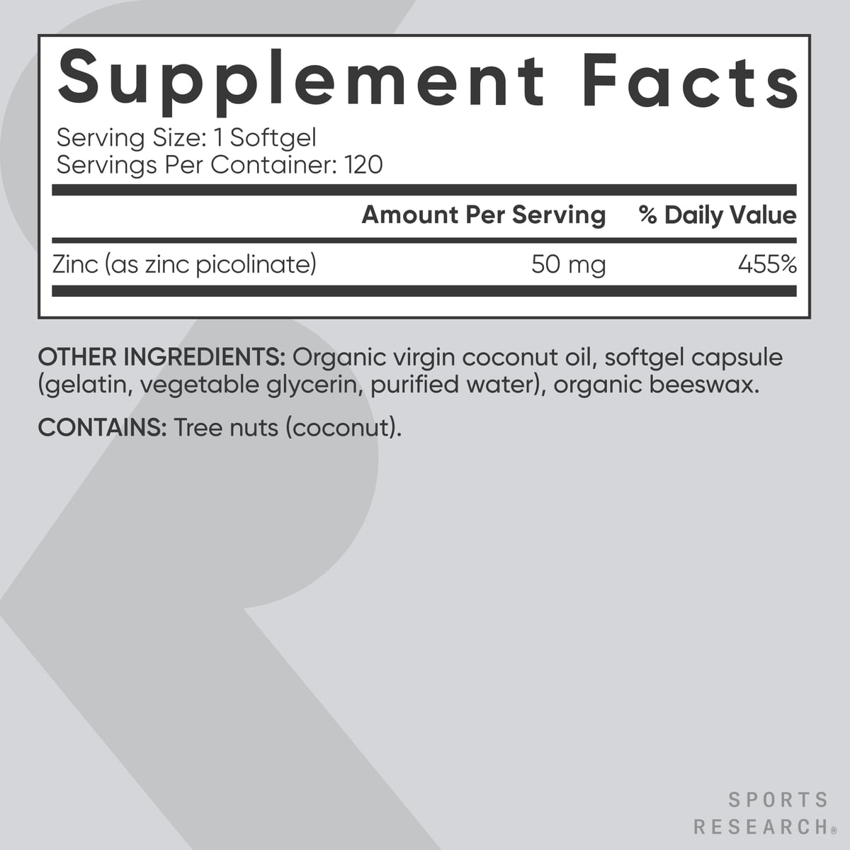 Sports Research® Zinc Picolinate 50mg with Organic Coconut Oil Highly Absorbable Zinc Supplement (120 Softgels)