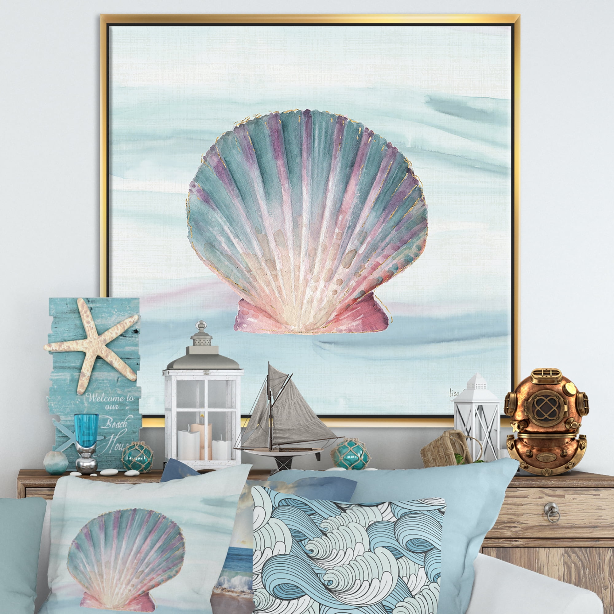 Designart ' Ocean Shell on Blue ' Nautical & Coastal Framed Canvas