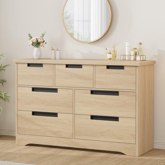 Modern 7-Drawer Double Dresser with Embedded Handles, Wooden Storage Chest for Bedroom Nursery Living Room Hallway - Natural