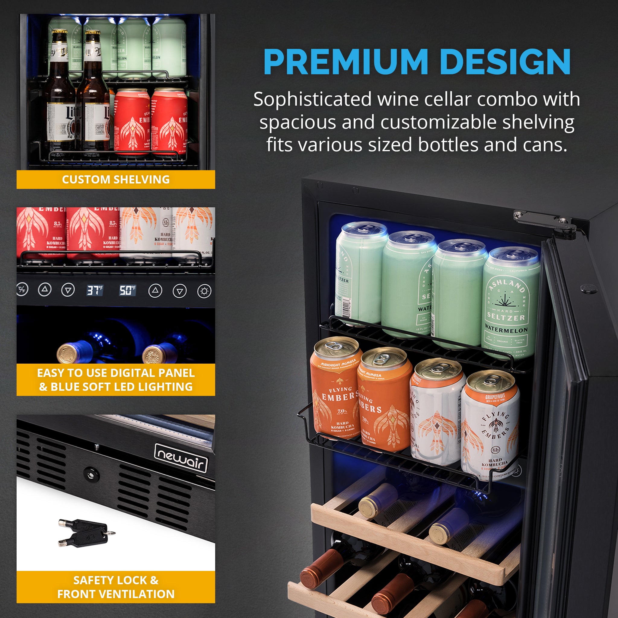 Newair 15 Inch Wine and Beverage Refrigerator - 13 Bottles & 48 Cans Capacity with Dual Temperature Zone Wine Cooler, Black Stainless Steel & Double-Layer Tempered Glass Door