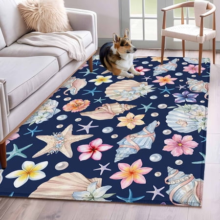 Summer Beach Washable Area Rug 2.7x5 Ocean Starfish Shell Coastal Conch Cute Flowers Blue Low-Profile Small Area Rugs with Non Slip Backing Indoor Floor Carpet for Entrance Living Room Bedroom