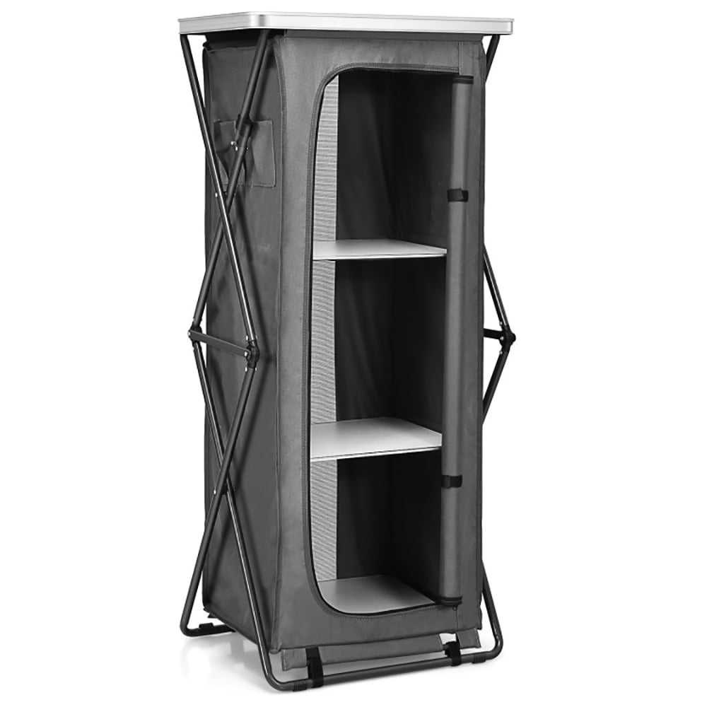 Aimee Lii Folding Camping Storage Cabinet with 3 Shelves and Carry Bag, Easy Set Up Portable Camping Kitchen, Gray-XL