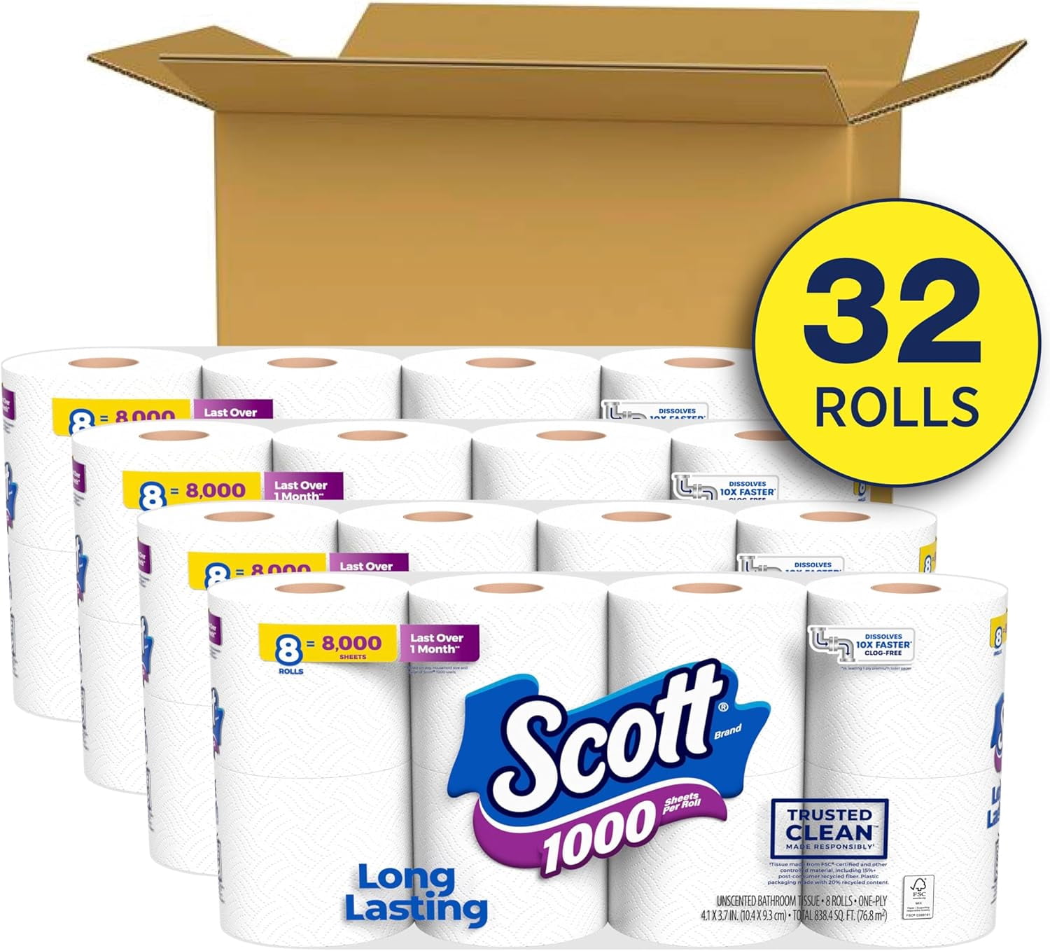 1000 Trusted Clean Toilet Paper, 32 Rolls, Septic-Safe, 1-Ply Tissue