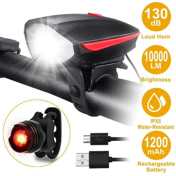 Imountek 10000lm Bike Headlight USB Rechargeable LED Bicycle Front Light Rear Tail Light with 130dB Loud Horn for Night Riding, Black