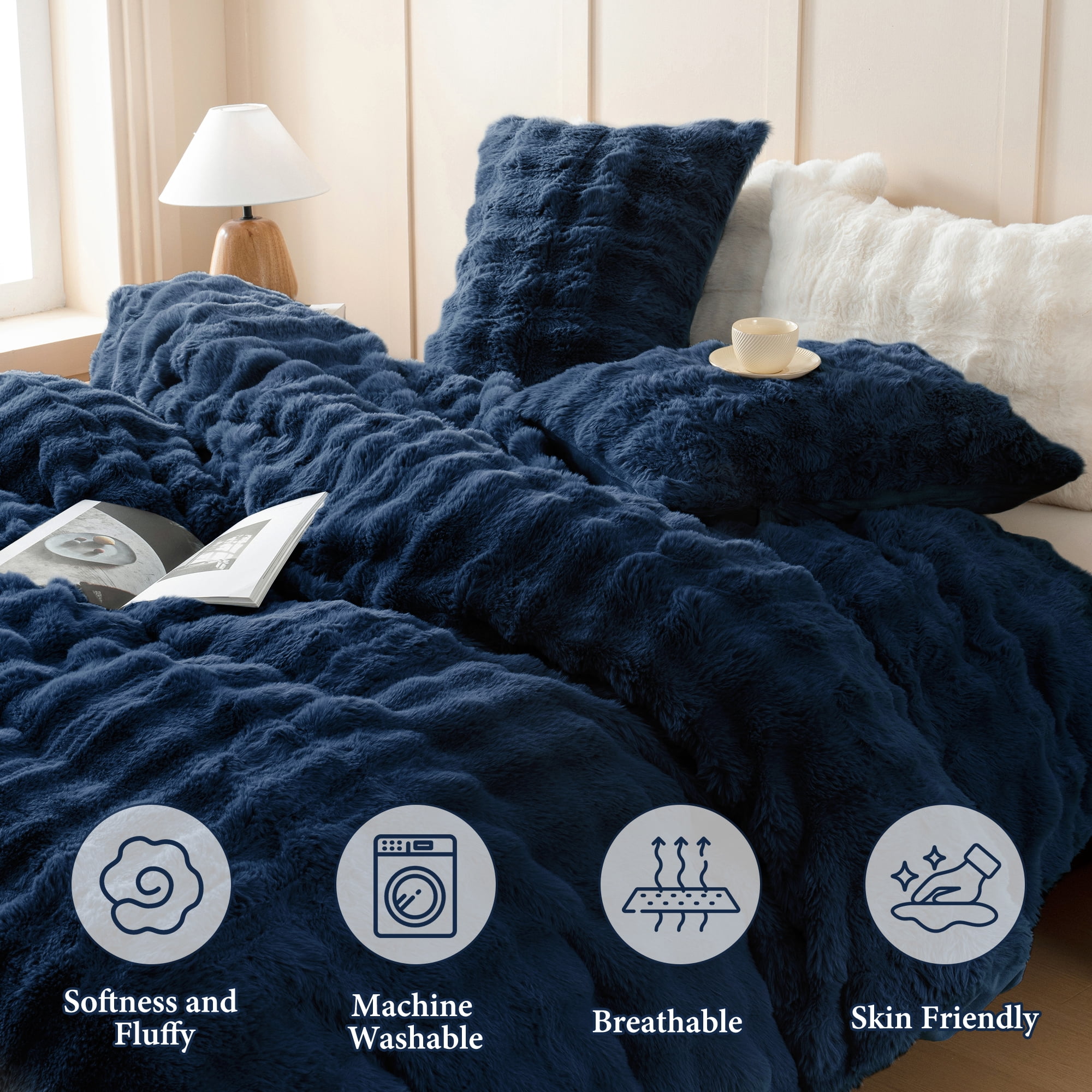 BLEUM CADE 3 Piece Fluffy Comforter Set King Size,Fuzzy Soft Faux Rabbit Fur Bedding Set,Shaggy Plush Duvet Cover Set with 2 Pillowcases,Navy Blue