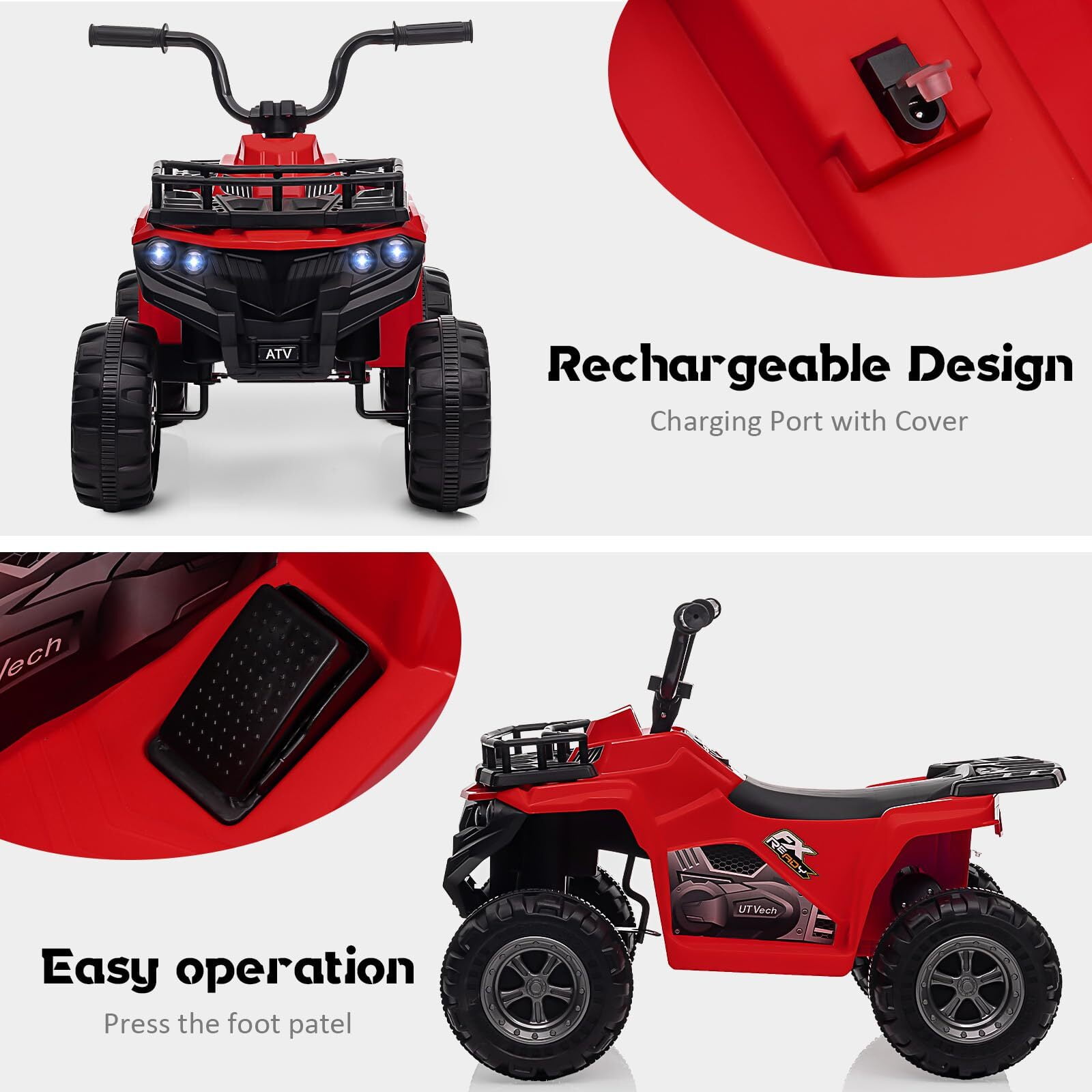 Sakiyr 12V Kids Ride On ATV, Battery Powered Electric Vehicle with Led Light, 4-Wheeler Quad ATV Play Car 2 Speeds for Boys Girls