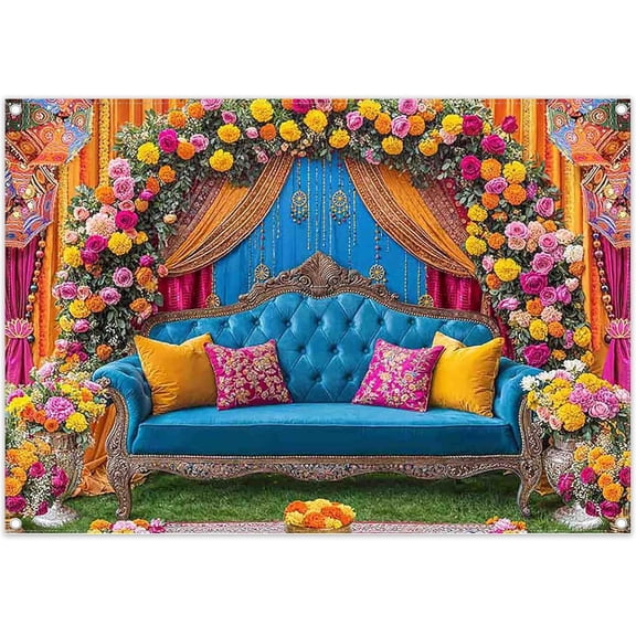 7x5FT Indian Pooja Traditional Wedding Backdrop Orange Marigold Flowers Hindu Diwali Photography Background Bridal Shower Party Decoratins Banner Photo Props