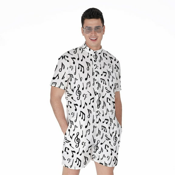 White And Black Music Note Pattern Short Sleeve Men'S Rompers, Musician Music Casual Summer Jumpsuits Outfit