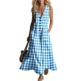 thumbnail image 4 of Makaor Summer Linen Dresses for Women A Line Button Maxi Dresses Plus Size Sleeveless Dress Gingham V Neck Beach Vacation Clothes with Pockets Blue 2XL, 4 of 7
