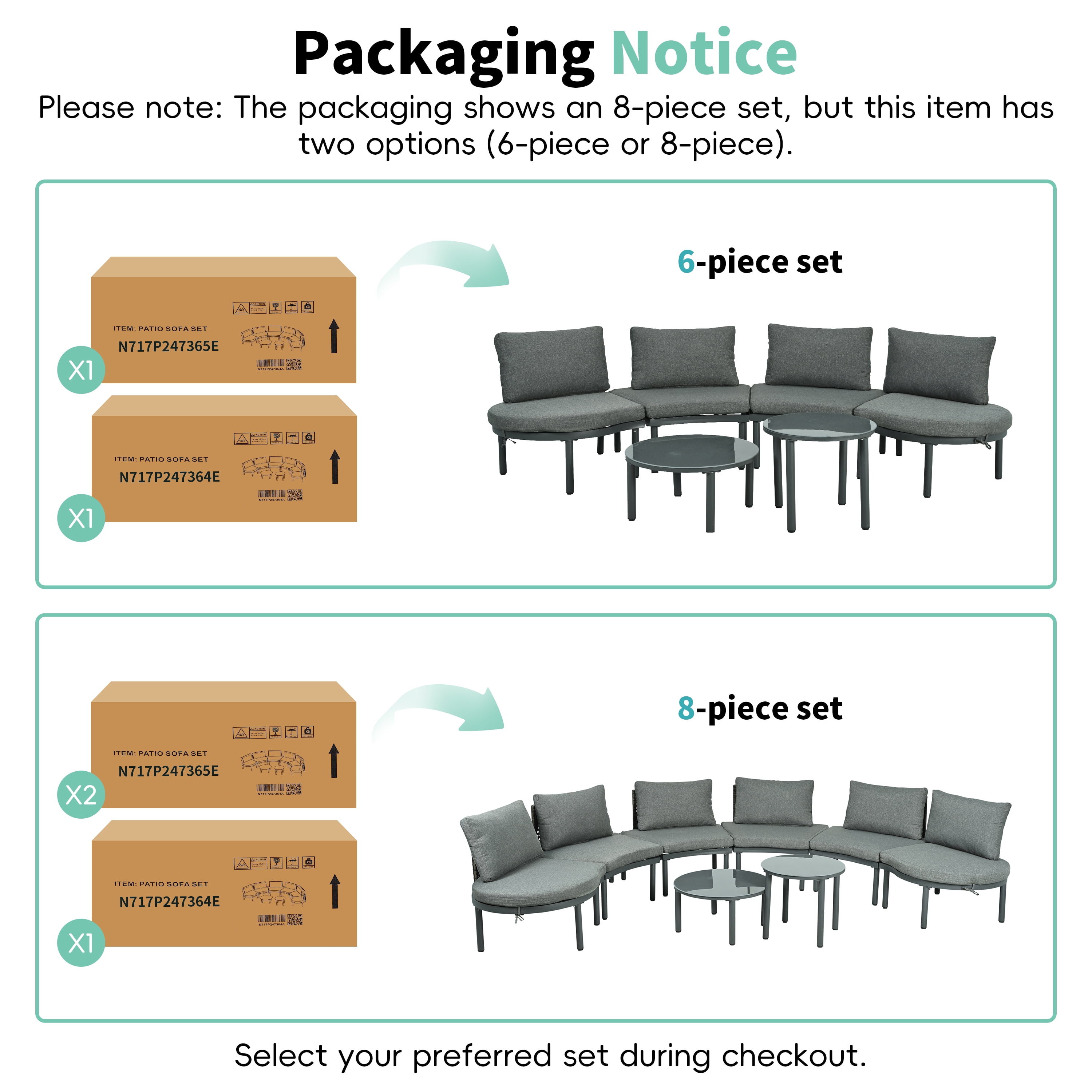 Upgrade Patio Furniture Set, Seizeen 6-Piece Half-Moon Patio Sofa Set, Modular Outdoor Sectional with 2 Round High-Low Coffee Tables, PE Wicker & Aluminum Frame, Tempered Glass Top, Cushions & Pillow