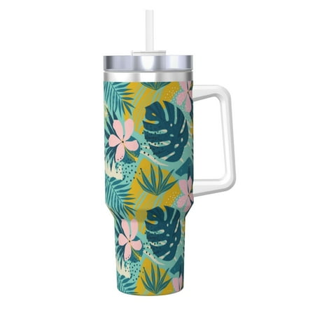 

Goofa Tropical Floral Print 40oz Ice Bully With Handle And Straw Stainless Steel Vacuum Insulated Cup And 2 In 1 Straw Lid