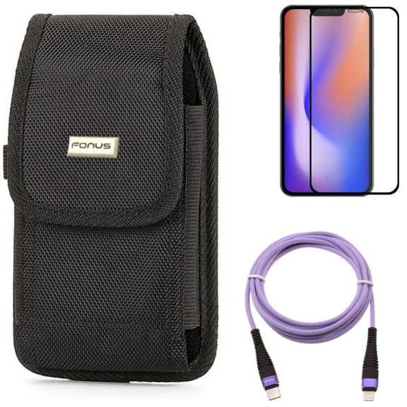 Screen Protector & Purple 10ft PD Cable & Case Belt Clip for iPhone 13/Pro - Combo with Anti-Glare Tempered Glass Matte & USB-C Extra Long Cord Fast Charger & Rugged Holster Canvas