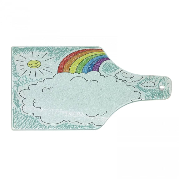 Nursery Cutting Board, Childish Like Drawing Image with Happy Clouds and Sun Vivid Rainbow Print, Decorative Tempered Glass Cutting and Serving Board, in 3 Sizes, by Ambesonne