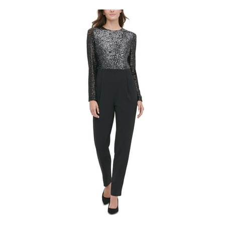 TOMMY HILFIGER Womens Black Sequined Long Sleeve Jewel Neck Party Jumpsuit 8