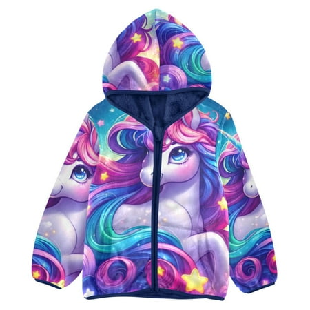 ALAZA Toddler Polar Fleece Jacket Cartoon Unicorn Rainbow Stars Kids Hooded Warm Coats Outerwear 5T