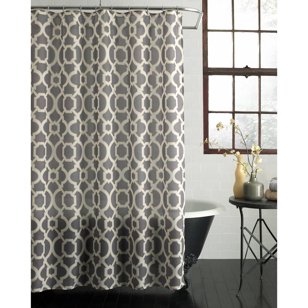 Excell Geo Lattice Fabric Shower Curtain, Grey and Yellow