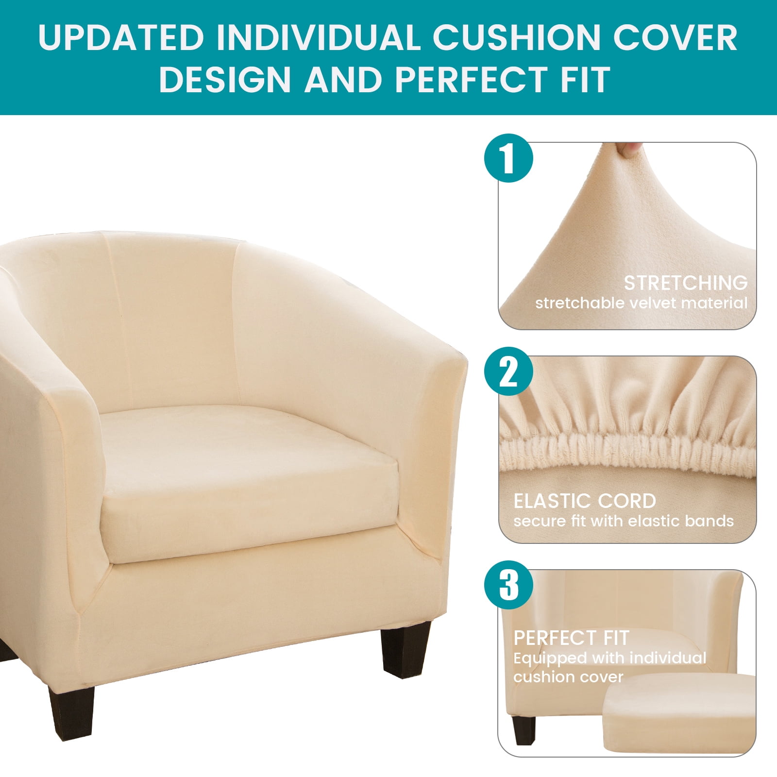 SHANNA Velvet Tub Chair Covers, 2 Pieces Stretch Modern Armchair Slipcovers Non Slip Sofa Couch Slipcover for Club Bar Counter Living Room Reception,With Separate Cushion Cover, Beige, 1 Pack