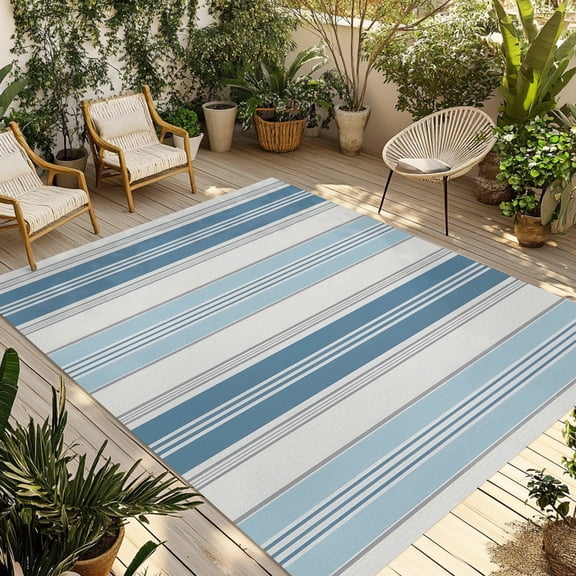 Blue Stripes Lines Outdoor Area Rug 6x9ft Decorative Indoor Outdoor Rug Beige Classic Vertical Striped Patio Area Rug for Porch, Deck, Balcony, Entryway, Camping & RV