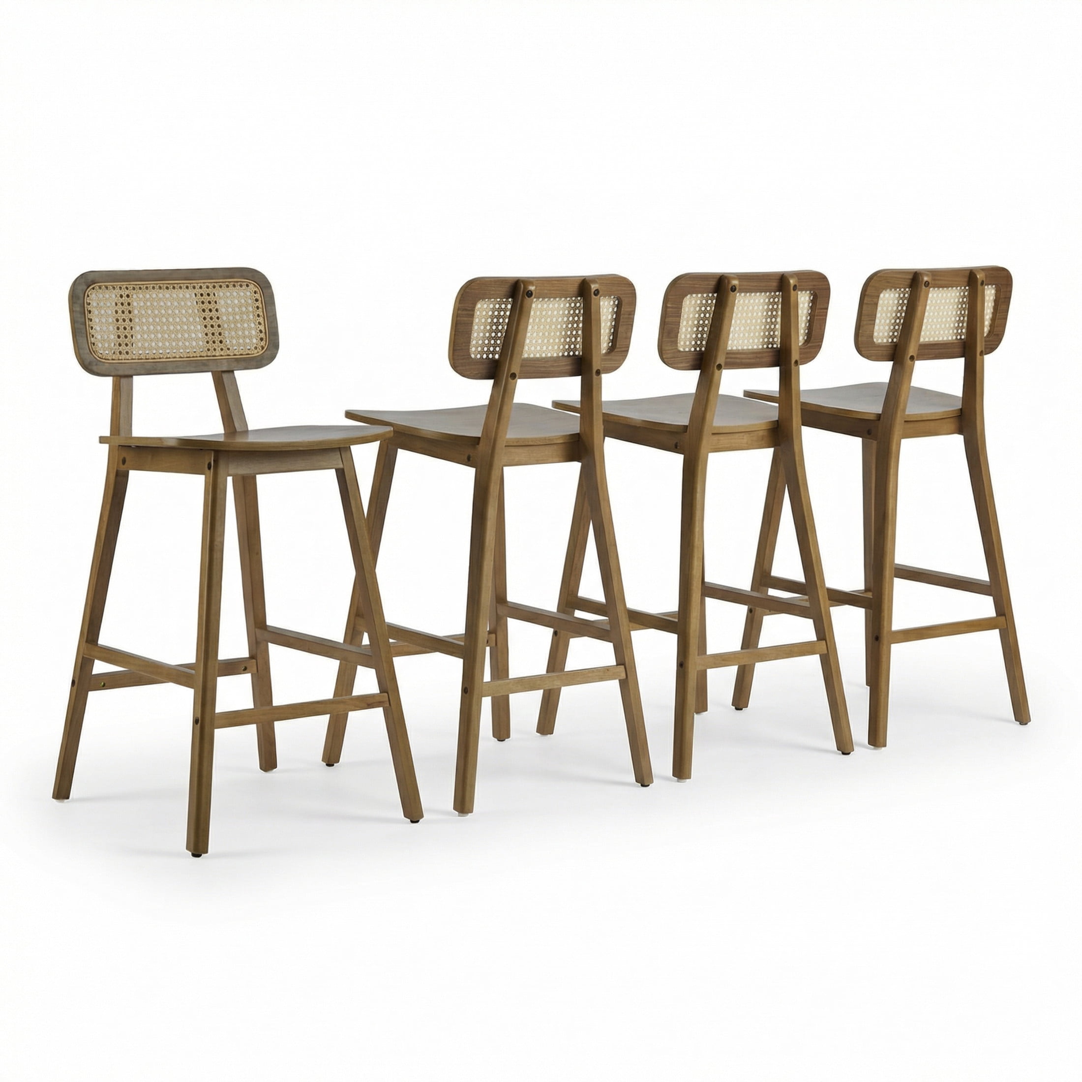 Christopher Knight Home Mid-Century Modern 25.75" Barstools, Rattan Backrest, Solid Wood Frame, Walnut, Set of 4