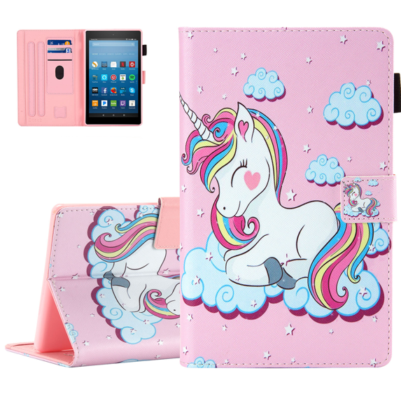 Cute Case for Fire HD 8, Smart Leather Protector Stand Wallet Cover for Fire HD 8 (Previous Generation - 8th Generation 2018 /7th Generation 2017 /6th Generation 2016 Release), Pink Smile Unicorn
