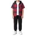 thumbnail image 7 of BLVB Boys Clothes Sets Plaid Short Sleeve Hooded Button Shirt and Jogger Pants for Toddler Kids Fall Outfits(Red AA1,7-8Years), 7 of 7