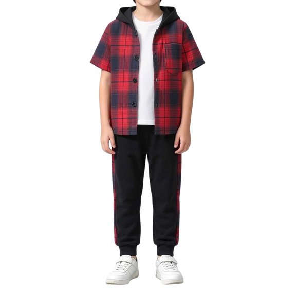 Smupbvky Cotton Hooded Boys Outfits 2 Piece Plaid Short Sleeve Shirt and Joggers Set Spring Summer Casual Sportswear (7-8 Years, Red)