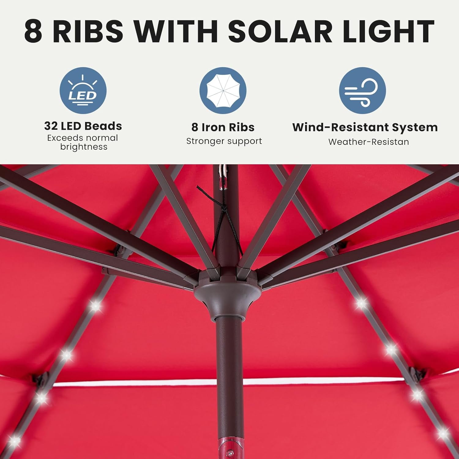 JIOABL 10FT Solar Patio Umbrella with 32 LED Lights, Tilt and Vent, 8 Ribs for Garden, Deck, Patio, Red