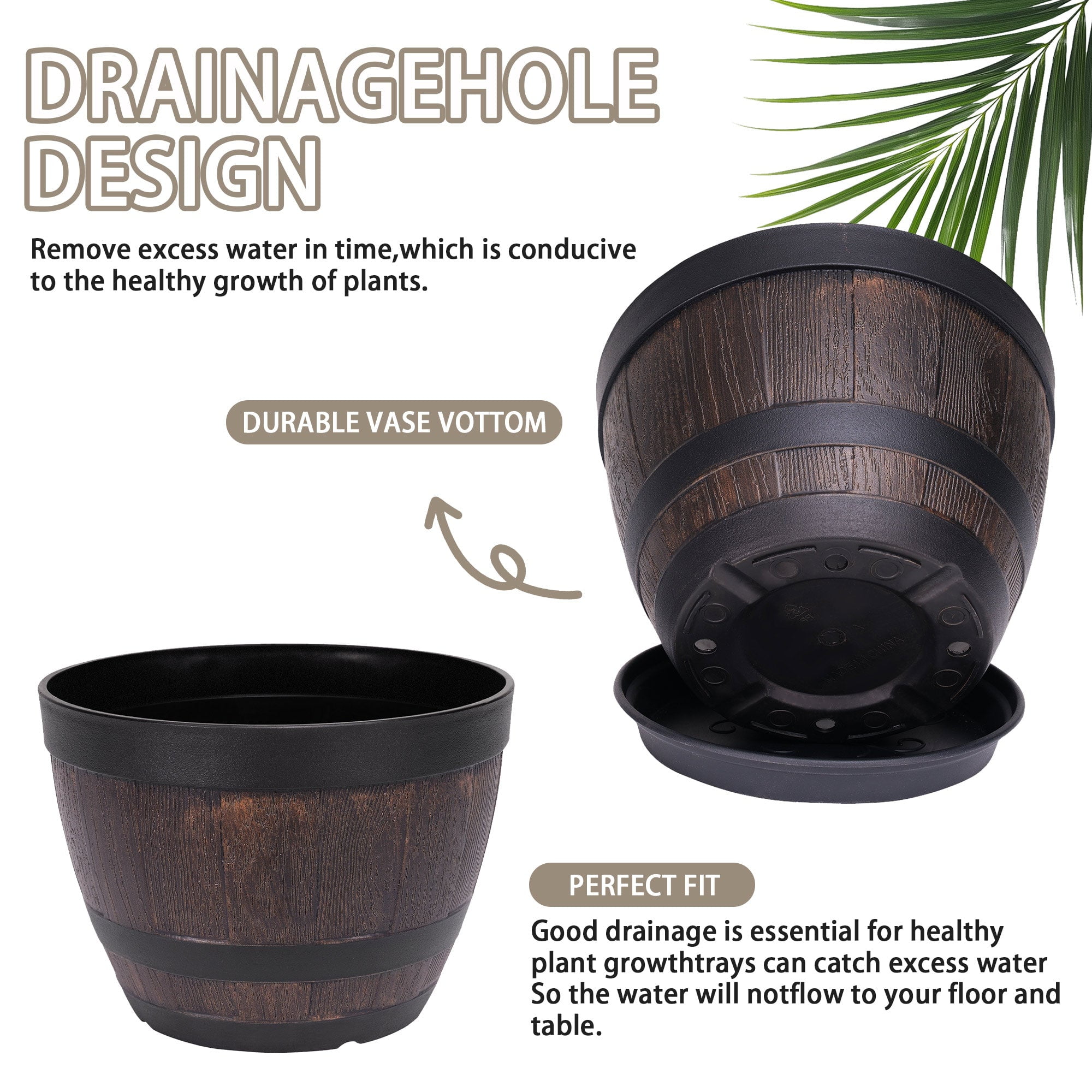VECELO 3 Pack 9 inch Plant Pots, Whiskey Barrel Planters with Drainage Holes & Saucer, Plastic Imitation Wine Barrel Decoration Flower Pots, for Indoor & Outdoor Garden Home Plants, Brown